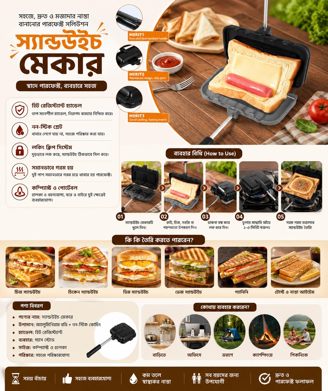 Exceptional Quality - Non -stick gas sandwich maker/toaster black and silver - Break Trend - Effortless Usage